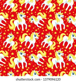 Seamless pattern with unicorns and stars on red background.