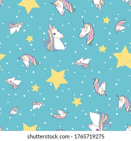 Seamless pattern with unicorns and stars on blue background