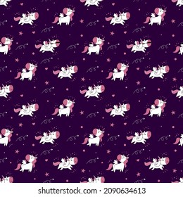 Seamless pattern with unicorns and stars on a dark background.