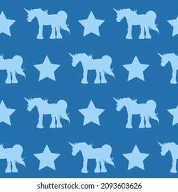 Seamless pattern with unicorns and stars on dark blue background. Vector image.