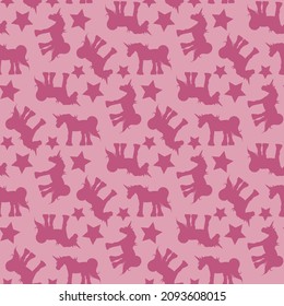 Seamless pattern with unicorns and stars on light pink background. Vector image.