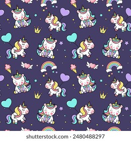 Seamless pattern with unicorns, stars, rainbow, confetti. Vector background in cartoon style for birthaday party.