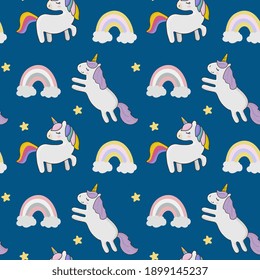 Seamless pattern with unicorns, stars and rainbows. Background for wrapping paper,  greeting cards, design.
