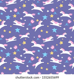 Seamless pattern unicorns and stars. Vector print