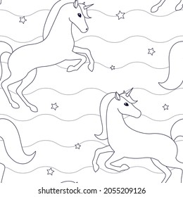 seamless pattern with unicorns and stars vector illustration for coloring book magic mythical creatures black lines on white background