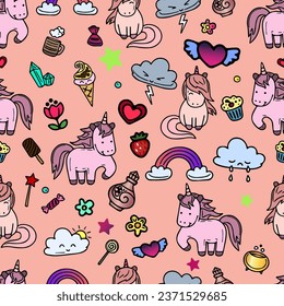 Patrón sin soldadura, unicornios, dulces, copas, nubes, fresas, helados, estrellas, corazones, nubes, arcos y otros elementos