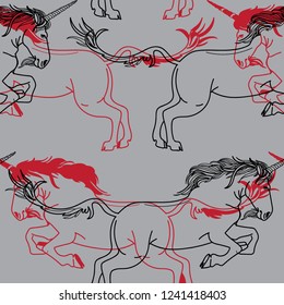 Seamless pattern with unicorns. Unicorn horse with a beard and a long tail. Heraldic pattern, medieval classic pattern.