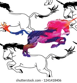 Seamless pattern with unicorns. Unicorn horse with a beard and a long tail. Heraldic pattern, medieval classic pattern.