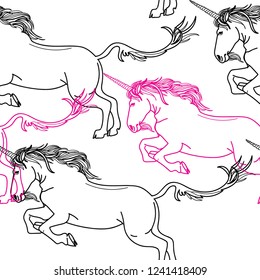 Seamless pattern with unicorns. Unicorn horse with a beard and a long tail. Heraldic pattern, medieval classic pattern.