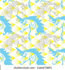 Seamless pattern with unicorns. Unicorn horse with a beard and a long tail. Heraldic pattern, medieval classic pattern.