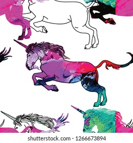 Seamless pattern with unicorns. Unicorn horse with a beard and a long tail. Heraldic pattern, medieval classic pattern.