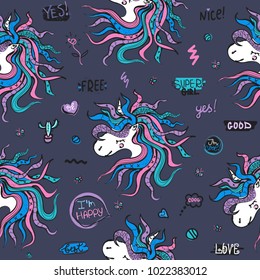 Seamless pattern with unicorns. Vector background with stickers, pins, patches. Kids illustration for design prints, cards and birthday invitations. 
