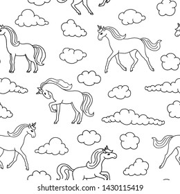 Seamless pattern with unicorns. Vector background with hand drawn unicorns and clouds.