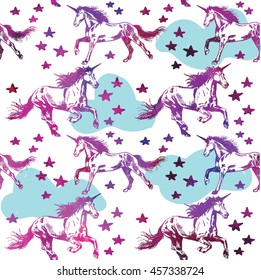 
Seamless pattern with unicorns . Vector freehand drawing in vintage style . Cute kids background with horses .