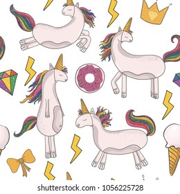 Seamless pattern with unicorns vector. Hand draw illustration.