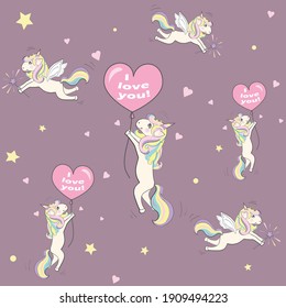 Seamless pattern with unicorns. Vector pattern with unicorns on a pink background. Unicorns with wings and balls.