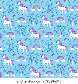 Seamless pattern with unicorns,trees and other elements on blue background.Vector illustration