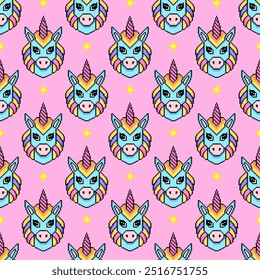 Patrón sin fisuras con unicornios en estilo pixel art.