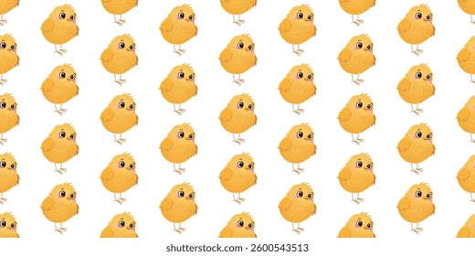 A seamless pattern of uniformly arranged yellow baby chicks on a white background. Template illustration for textile, wallpaper, wrapping paper, and print.
