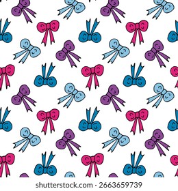Seamless pattern with unique blue, pink and violet ribbons on white background. Vector image.