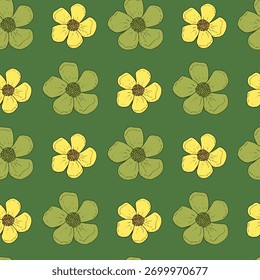 Seamless pattern with unique buttercup on green background. Vector image.