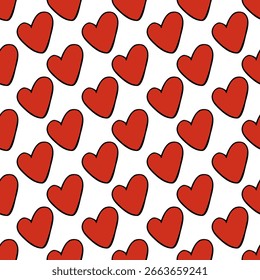 Seamless pattern with unique cute red hearts on white background. Vector image.