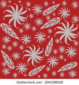 Seamless pattern of unique flowers in the red background 