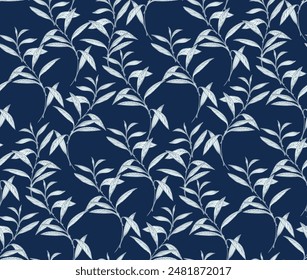 Seamless pattern with unique leaf stems. Abstract, artistic leaves branches printing on a dark background. vector hand drawing illustration. Template for designs, textile, fashion, fabric