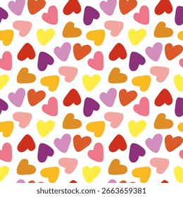 Padrão contínuo com corações multicoloridos únicos no fundo branco. Imagem vetorial.