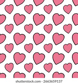 Seamless pattern with unique pink hearts on white background. Vector image.