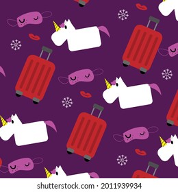 Seamless pattern with Unique things like briefcase. lip, snowflake, sleepy blindfold and unicorn ballon