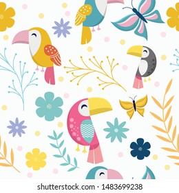 Seamless pattern with unique toucan character