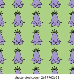 Seamless pattern with unique violet flowers on green background. Vector image.