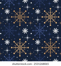 Seamless pattern of unique white and gold snowflakes on a bright blue background, creating a whimsical winter atmosphere. Perfect for festive designs, textiles, and holiday-themed projects.