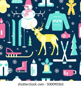 Seamless pattern with unique winter icons illustrations. Collection of snowman, Christmas bell, reindeer, skiing, luge, skating, snowflakes. Vector elements for banner design of seasonal sell