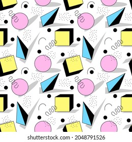 Seamless pattern with Universal Geometrical shapes In bright colors. Background for Magazine, wall art decoration, postcard, cover design, prints. Trendy vector geometric shapes