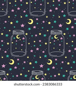 Seamless pattern with universe in  in a jar. Vector cosmic background	