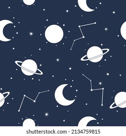 Seamless pattern universe with stars and planets simple