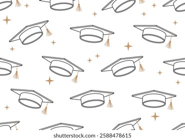 Seamless pattern for University, college school education vector background. Seamless pattern with graduated hat. Seamless vector pattern featuring graduation caps with gold tassels