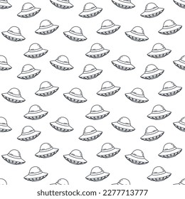 Seamless pattern Unknown flying UFO Futuristic toy alien spaceship design background for wallpaper, wrapping, paper, fabric. Vector illustration.