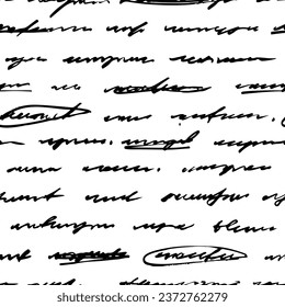 Seamless pattern with unreadable handwritten cursive text. Poetry vector seamless pattern. Monochrome notebook vintage page. Sweeping handwriting with crossed out words. Typography background.