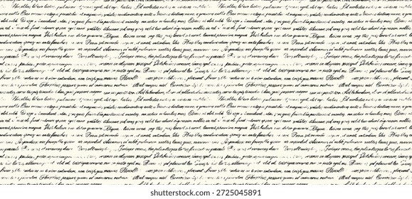 Seamless pattern Unreadable poetry text banner. Handwritten abstract text. Cursive english text written by a pen. Linear cursive lettering.  Horizontal banner with latin or english illegible words.