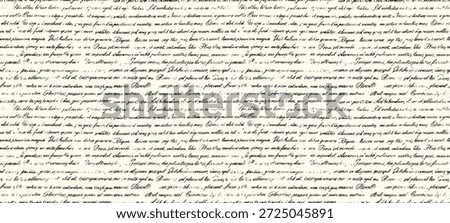 Seamless pattern Unreadable poetry text banner. Handwritten abstract text. Cursive english text written by a pen. Linear cursive lettering.  Horizontal banner with latin or english illegible words.