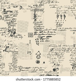 Seamless pattern with unreadable scribbles imitating handwritten text on the old newspaper page with ink blots. Vector abstract repeating background. Suitable for wallpaper, wrapping paper, fabric