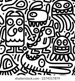 Seamless pattern with unreal creatures unusual animals in doodle style in black and white color. Modern stylish texture in vector. 