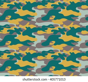 Seamless pattern of unsteady geometry, camouflage. Green, brown and yellow spots a light green background. Vector 10 EPS.