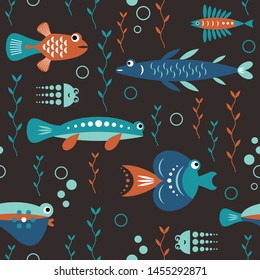 seamless pattern with unusual beautiful fishes, black background, sea creatures
