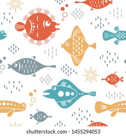 seamless pattern with unusual beautiful fishes, white background, sea creatures