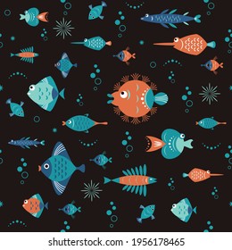 seamless pattern with unusual beautiful fishes, black background, sea creatures