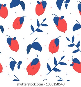 Patrón sin foco con limones, hojas y ramas de colores inusuales. Ilustración vectorial aislada en fondo blanco.